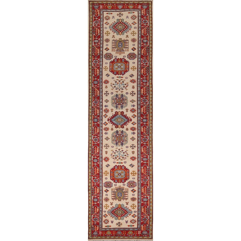 Geometric Beige Kazak Oriental Runner Rug Handmade Wool Carpet - 2'9" x 12'10"