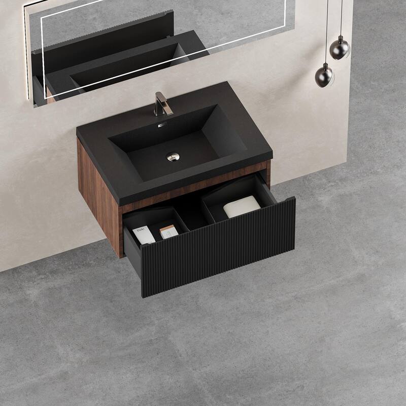 30'' Floating Bathroom Vanity with Sink Combo, Modern Wall-Mounted Striped Bathroom Storage Cabinet with Soft-Close Drawers