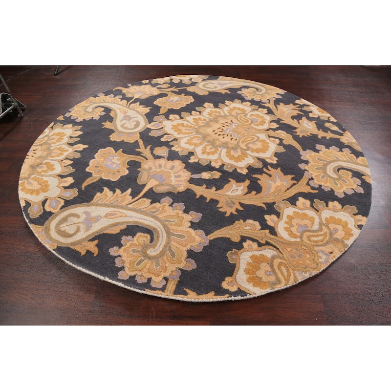 Charcoal Floral Paisley Oriental Area Rug Hand-tufted Wool Carpet - 8'0" x 8'0" Round
