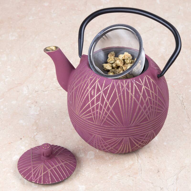 Creative Home 34 oz Cast Iron Tea Pot, New Gold and Purple Color,
