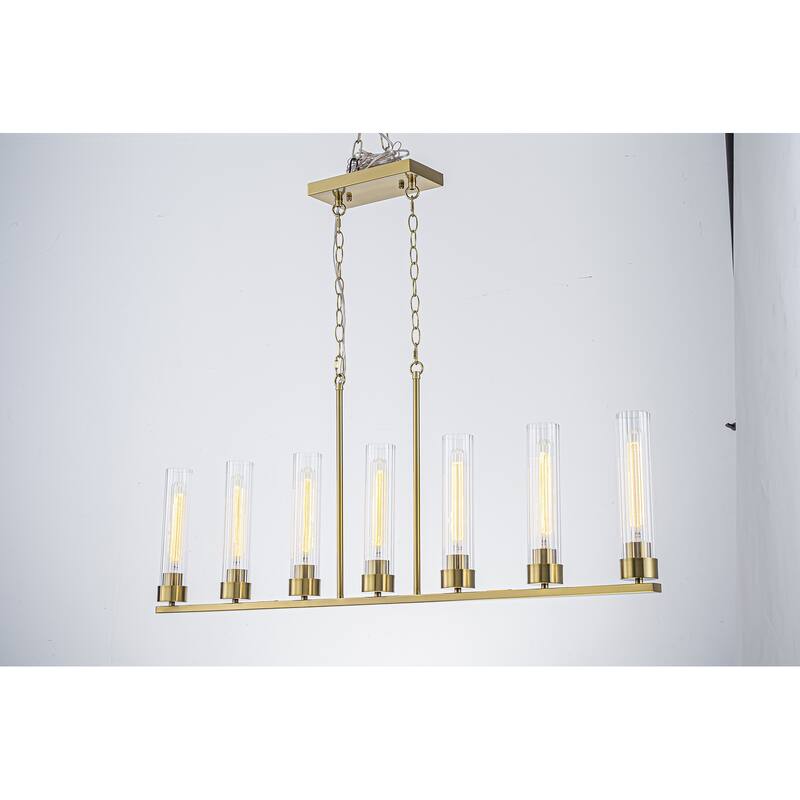 Modern 7-Light Linear Pendant Light with Clear Ribbed Glass