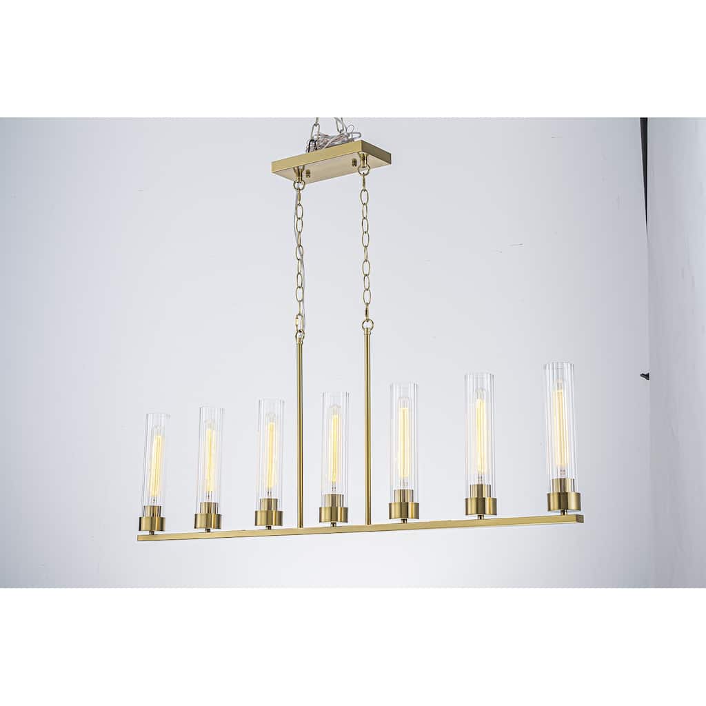 Modern 7-Light Linear Pendant Light with Clear Ribbed Glass
