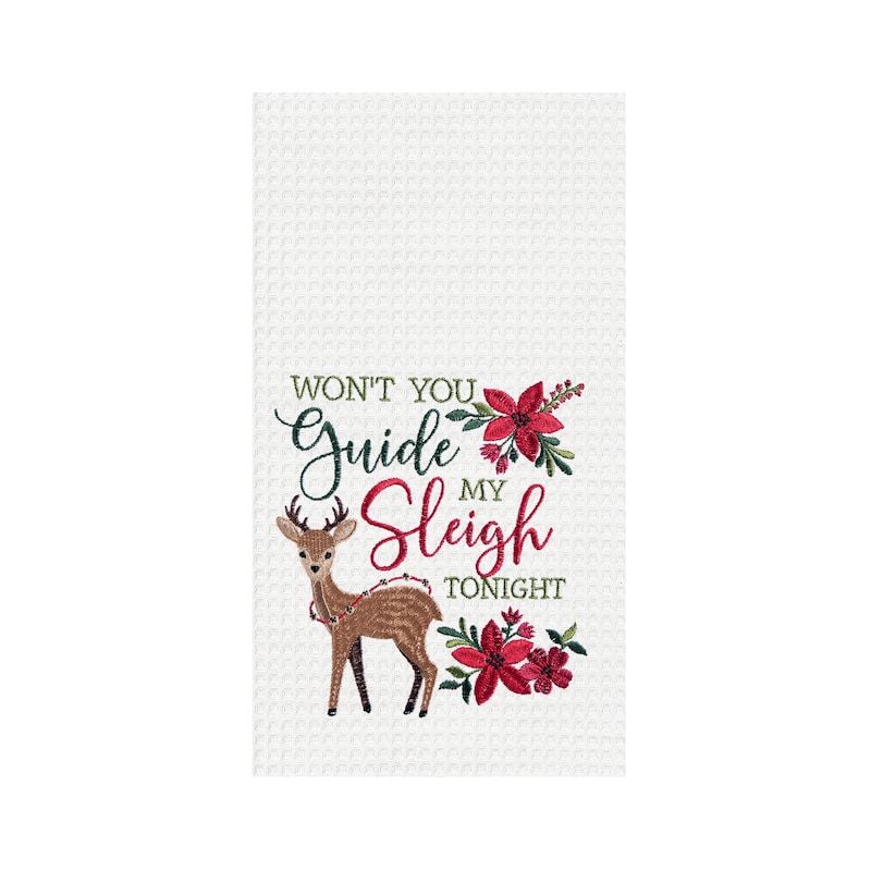 27" x 18" "Want You Guide My Sleigh Tonight" Featuring Reindeer and Poinsettias Cotton Waffle Weave Kitchen Dish Towel