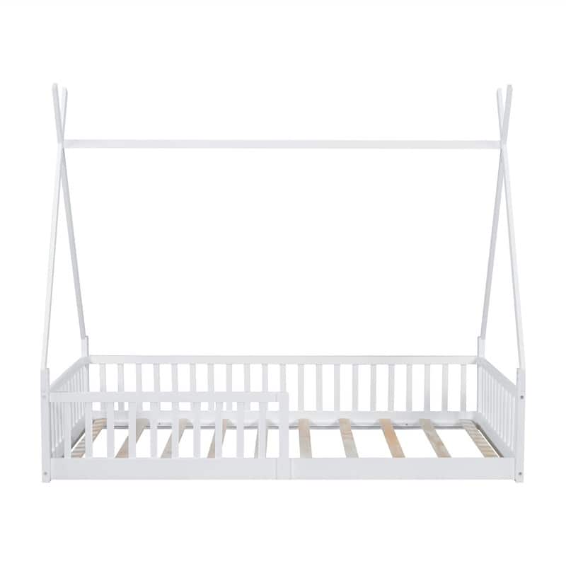 Twin Size House Floor Bed with Fence, Wooden House Shaped Montessori Bed with Triangulat Design for Kids