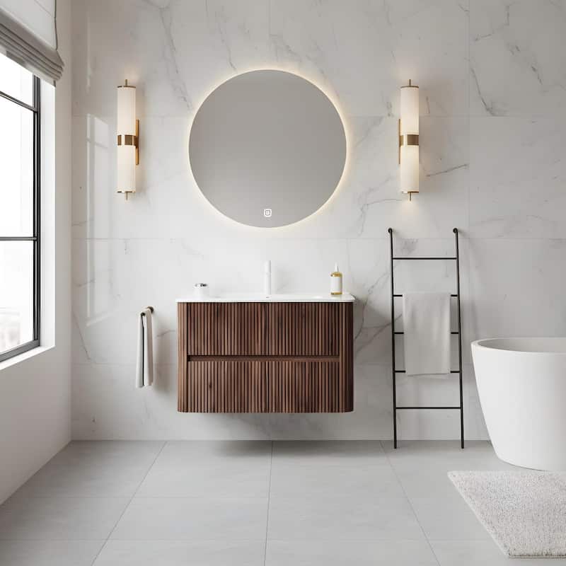 Floating Stripe Bathroom Vanity with Ceramic Sink - 36 - Deep Walnut