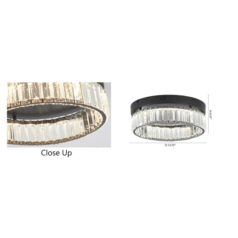 1-Light Black Dimmable LED Flush Mount With Clear Crystals
