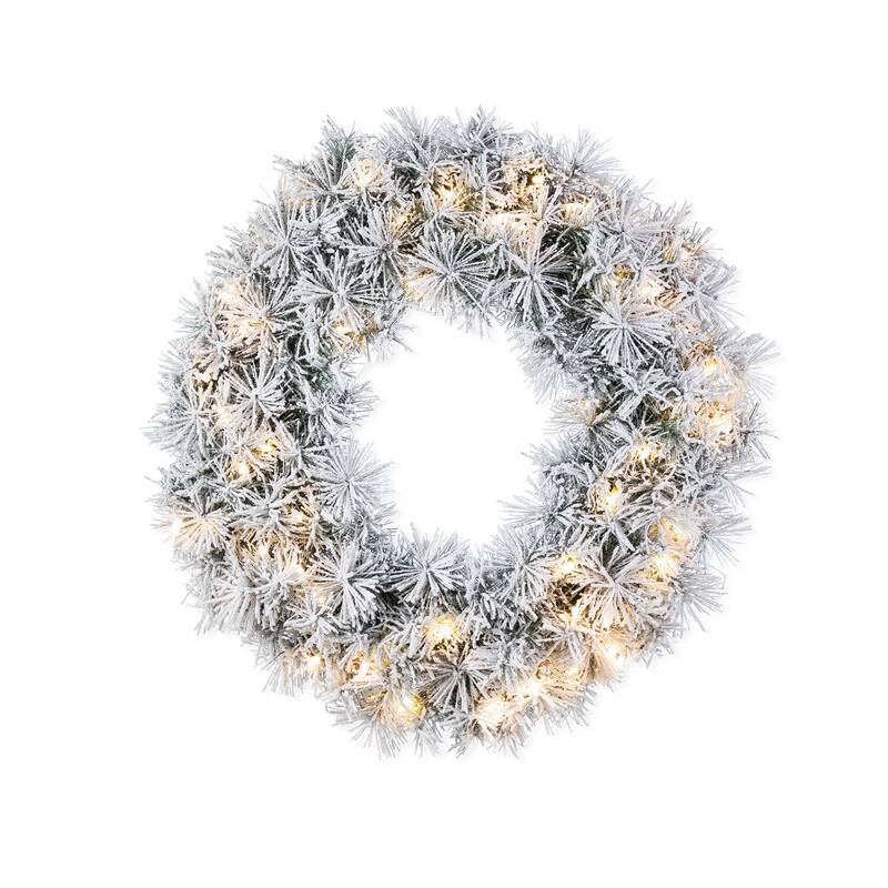 Glitzhome Pre-Lit Snow Flocked White/Greenery Pine Garland & Wreath & Teardrop - 24"D Wreath with Greenery Pine