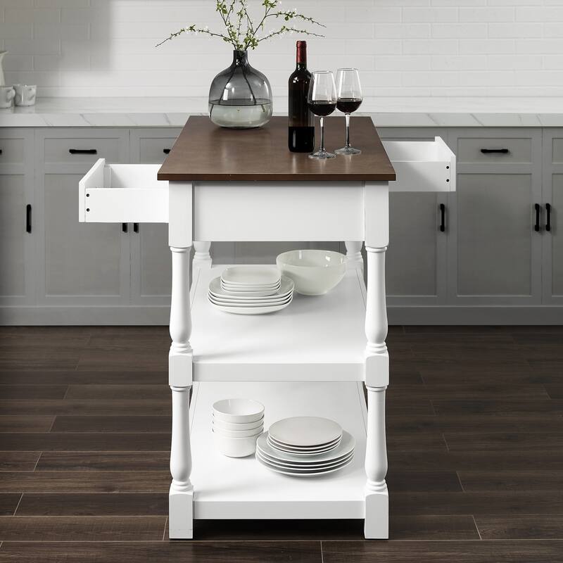 Kitchen Island Wood Top - Storage Island Cart, White/Dark Brown, 42" Wide, Transitional Design