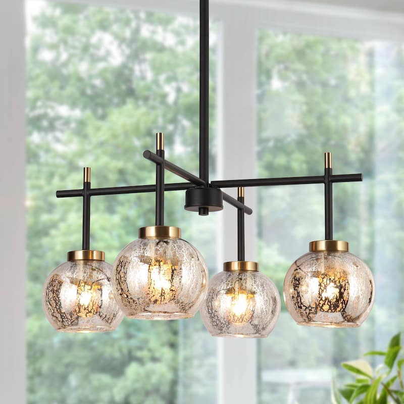 Modern Farmhouse 4-Light Black Gold Chandelier Mercury Glass Pendant Lights for Dining Room - 21" D x 10" H