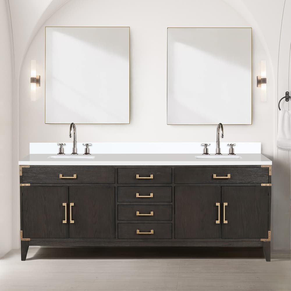 Laurel 60 in W x 22 in D Black Oak Double Bath Vanity, Cultured Marble Top, Faucet Set, and 28 in Mirrors
