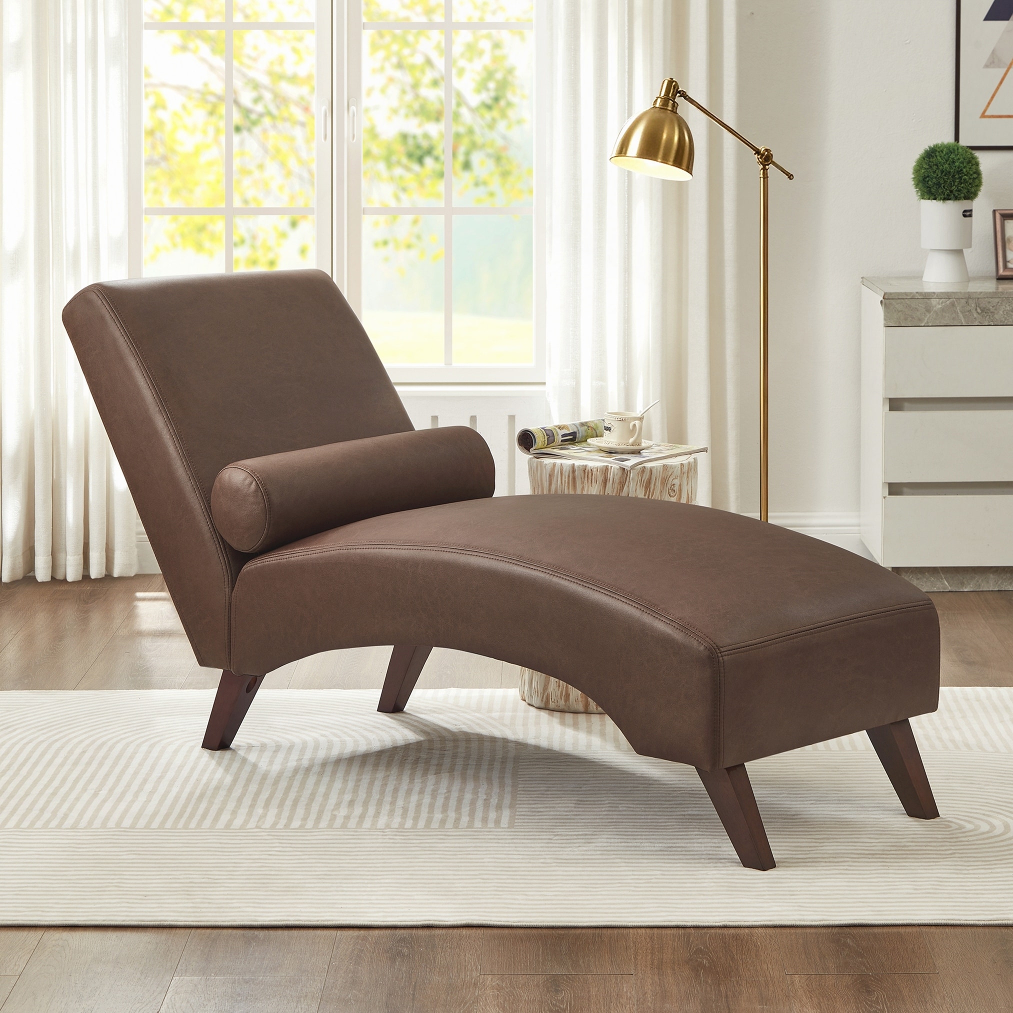 Chaise Lounge Chair with Bolster Pillow, Upholstered Mid-Century Modern Curved Lounger for Living Room