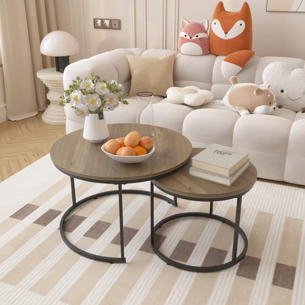 Anmytek Round Nesting Coffee Table Set 2 Piece Wood and Metal Side Tables for Living Room