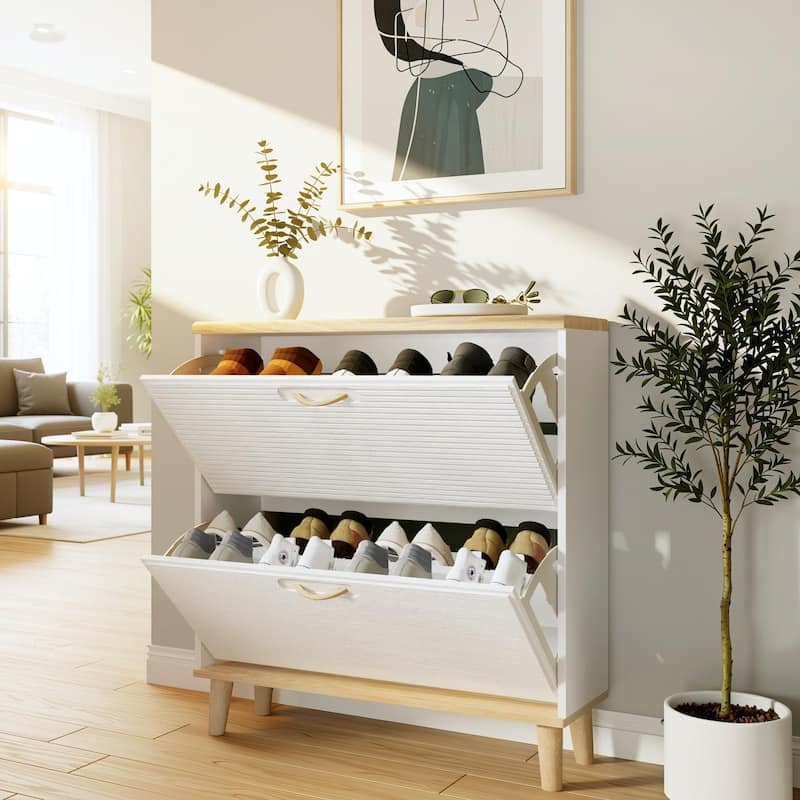 Homy Casa Compact Shoe Storage Bench 2 Flip Doors 2 Drawers, White - 2 Doors