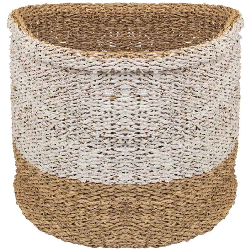 Round Wicker Table and Floor Baskets - Beige and White - Set of 3