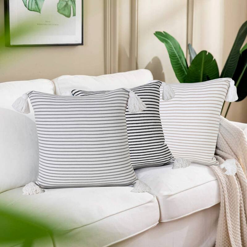 Handwoven Striped Square Throw Pillow with Tassels - 20" - Black and White