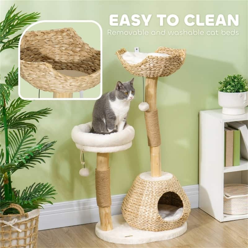 Cat Tree with Pearwood Scratching Post, Soft Cushions, and Removable Beds - 20.9" L x 15.7" W x 40.6" H