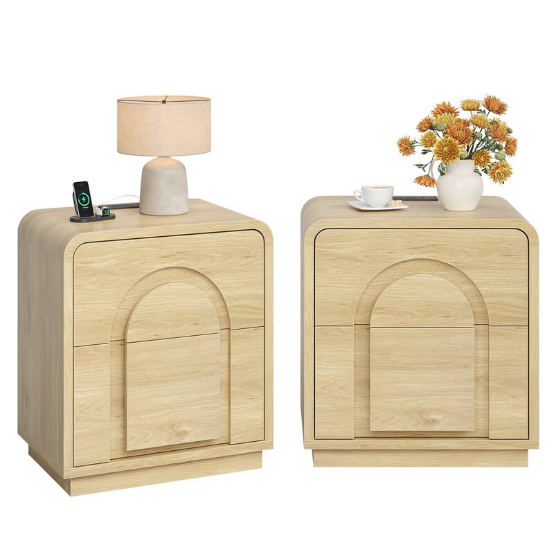 Bestier - Nightstand with 2 Drawers, Charging Station & Arched Design, Embossed Bedroom End Table for Bedroom - Set of 2