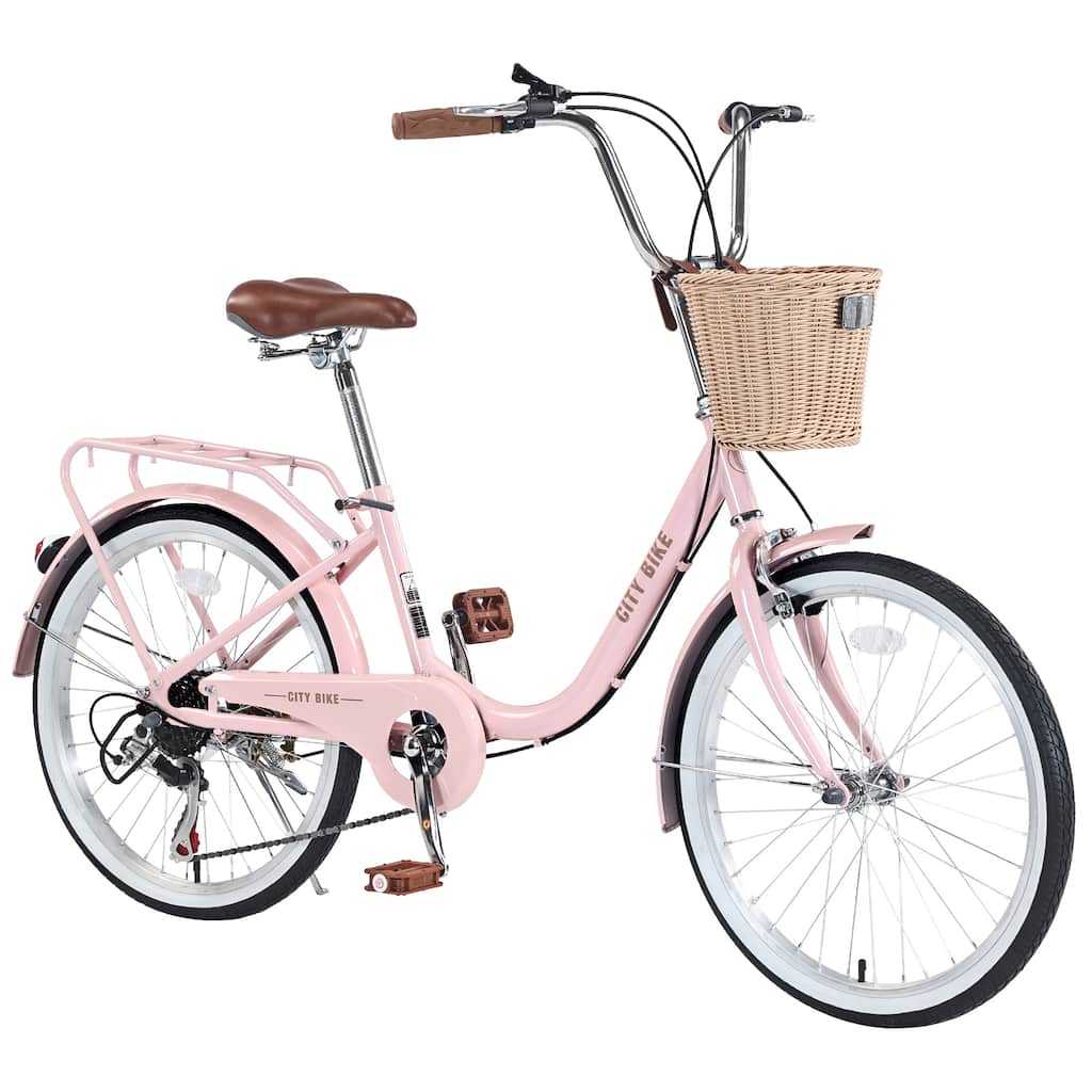 7 Speed Comfort City Bike, 22 Inch Road Cycling Bicycle with Leather Saddle and Basket, Steel Frame for Kids and Teens