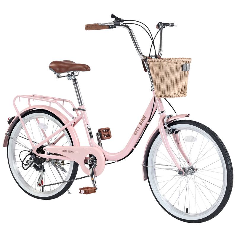 7 Speed Comfort City Bike, 22 Inch Road Cycling Bicycle with Leather Saddle and Basket, Steel Frame for Kids and Teens - Pink