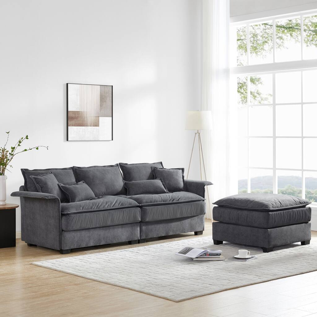 Grey 95" Luxury L-Shaped 3 Seater Sectional Sofa with Bentwood Armrests, Convertible Ottoman and Double Cushions