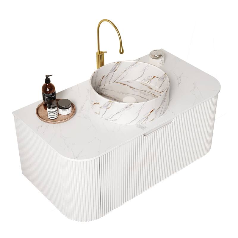 24 Inch/30 Inch/36 Inch Wall-Mounted Bathroom Vanity Cabinet with Counter Top Sink, Round Ceramic Basin with Stone Pattern