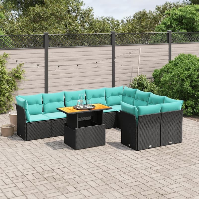 vidaXL Patio Sofa Set with Cushions Outdoor Furniture 10 Piece Poly Rattan - 24.4" x 24.4" x 27.2" - Black and blue - form2