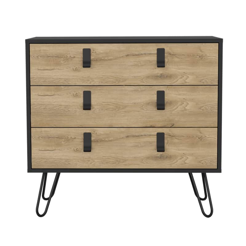 Modern Bedroom Dresser 3 Drawer Wood Chest with Metal Handles and Smooth Metal Slides for Bedroom or Office - Natural-Black