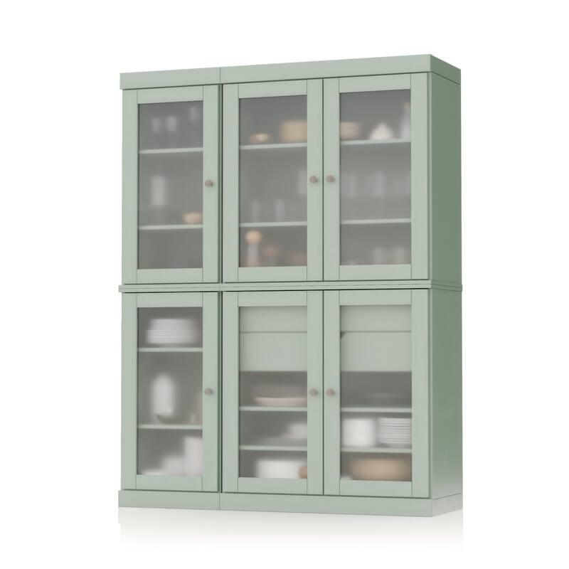 100% Solid Wood 48.5" Pantry Cabinet with Frosted Glass Doors and 2-Drawers