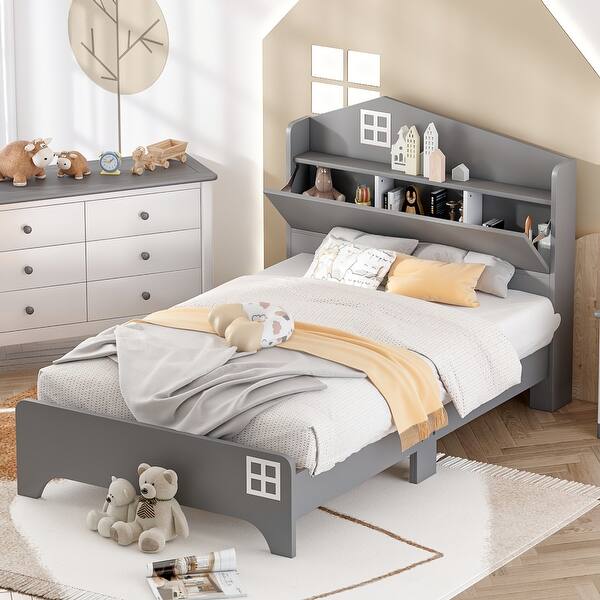 slide 2 of 22, Wooden Twin Size House Bed with Storage Headboard ,Kids Bed with Storage Shelf,Grey Grey