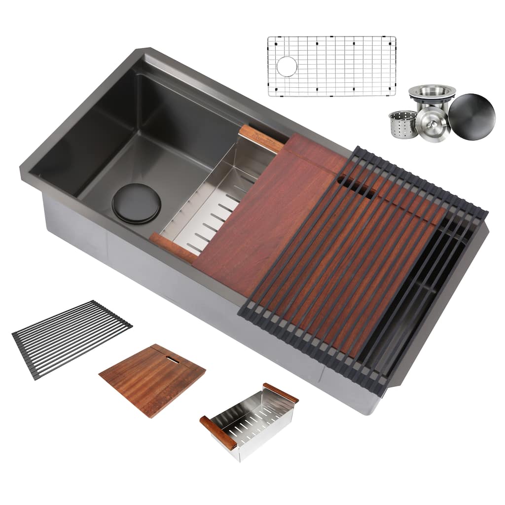 36 Inch Workstation Undermount 16 Gauge Single Bowl Black Stainless Steel Kitchen Sink w/ Integrated Ledge 15mm Radius Combo