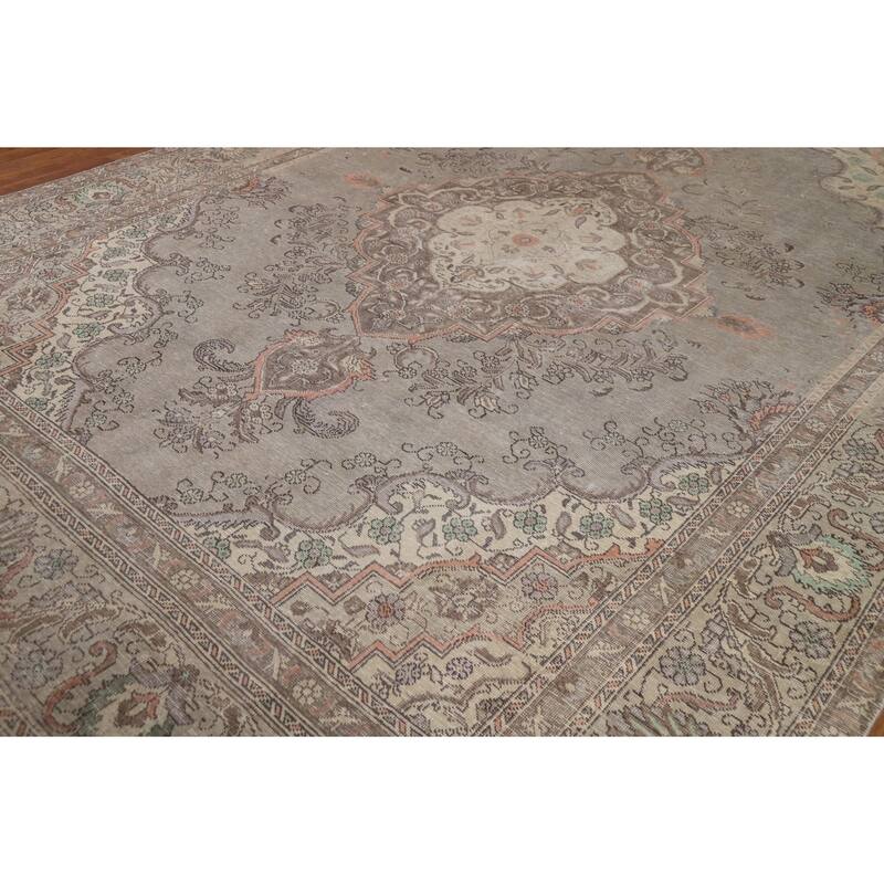 Gray Geometric Tabriz Persian Area Rug Hand-Knotted Wool Carpet - 9'1"x 12'9"