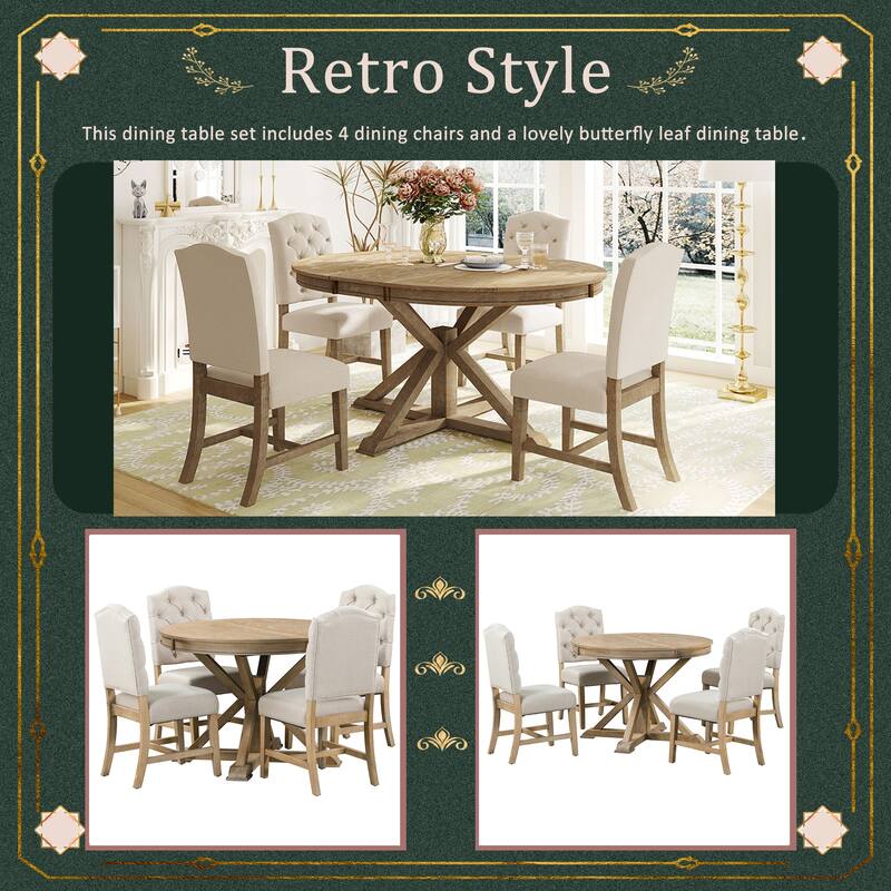 5-Piece Wooden Dining Table Set with Extendable Round Table & 4 Chairs