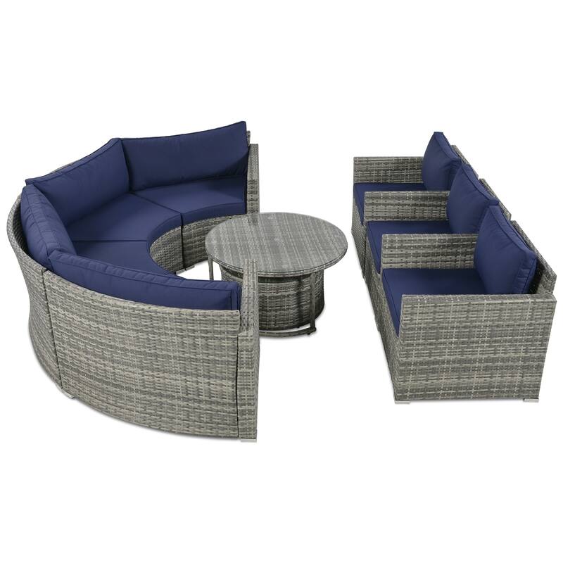 9 Piece Half-Moon Outdoor Sofa Set, All-Weather Rattan Conversation Furniture Set, Round Sofa Set with Coffee Table