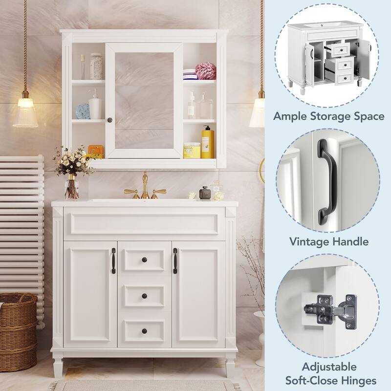 36'' Bathroom Vanity Combo Set with Mirror Cabinet, Modern Bathroom Storage Cabinet with 2 Soft Closing Doors and 2 Drawers