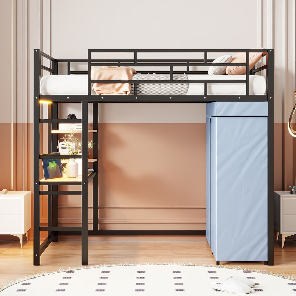 Metal Loft Bed Frame with Desk, Shelves, Power Outlet, LED Light and Fabric Wardrobe, Metal Slat Support