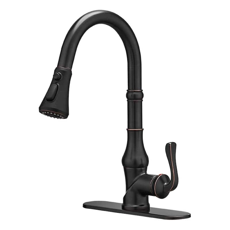 Single Handle Kitchen Faucet With Pull Down Sprayer Modern Kitchen Sink Faucets One Hole Basin Taps With Valve and Deck Plate - Oil Rubbed Bronze