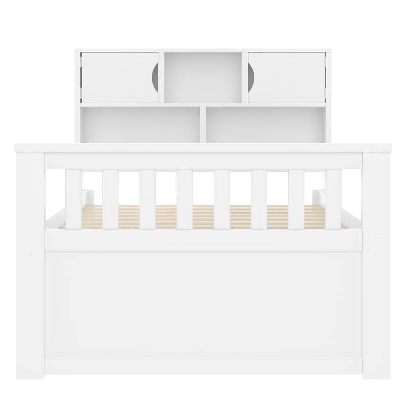 GDFStudio - Wood Captain Platform Bed with Storage Bookcase Headboard