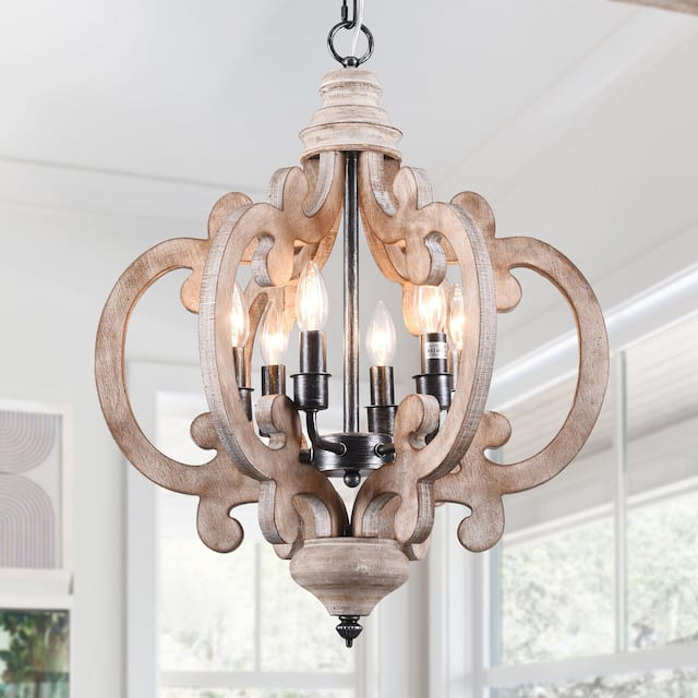 Oaks Aura Cottage Crown 6-Light Rustic Wood Ceiling Light Farmhouse Shabby Chic Chandelier - Weathered Wood