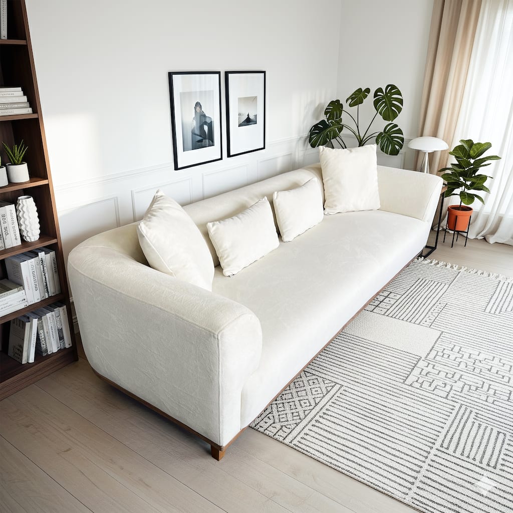 Zalma Three-Seater Velvet Sofa with Loose Pillows and Solid Wood Legs