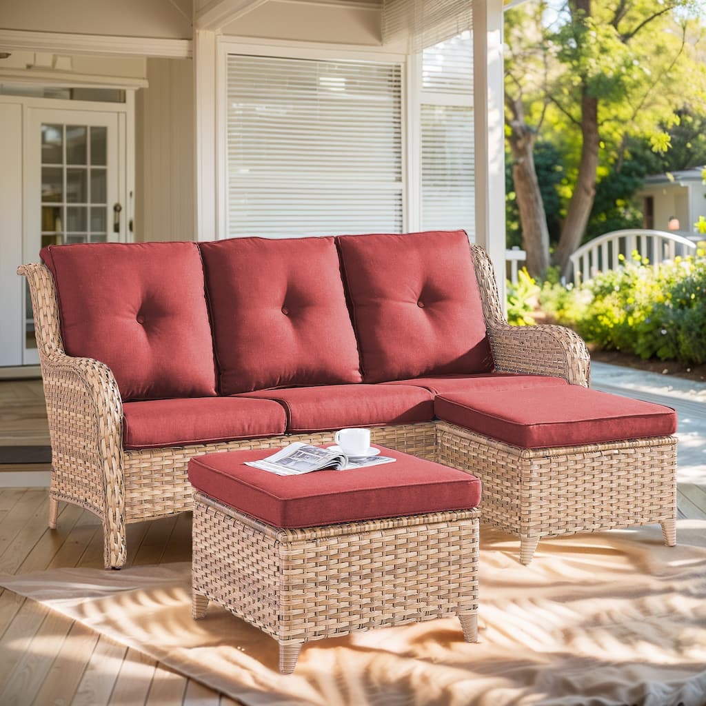 Outdoor 3-Piece Sofa with Ottomans Yellow-Red - Yellow