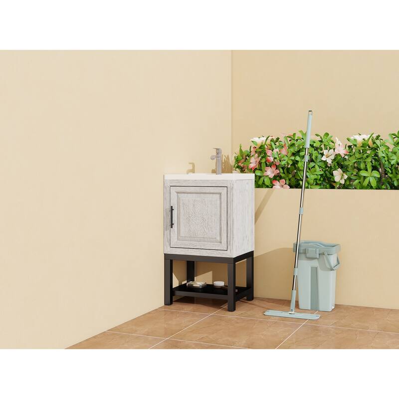 GDFStudio - CompactLine Modern Freestanding Bathroom Vanity with Ceramic Sink and Open Metal Shelf - 20 Inch