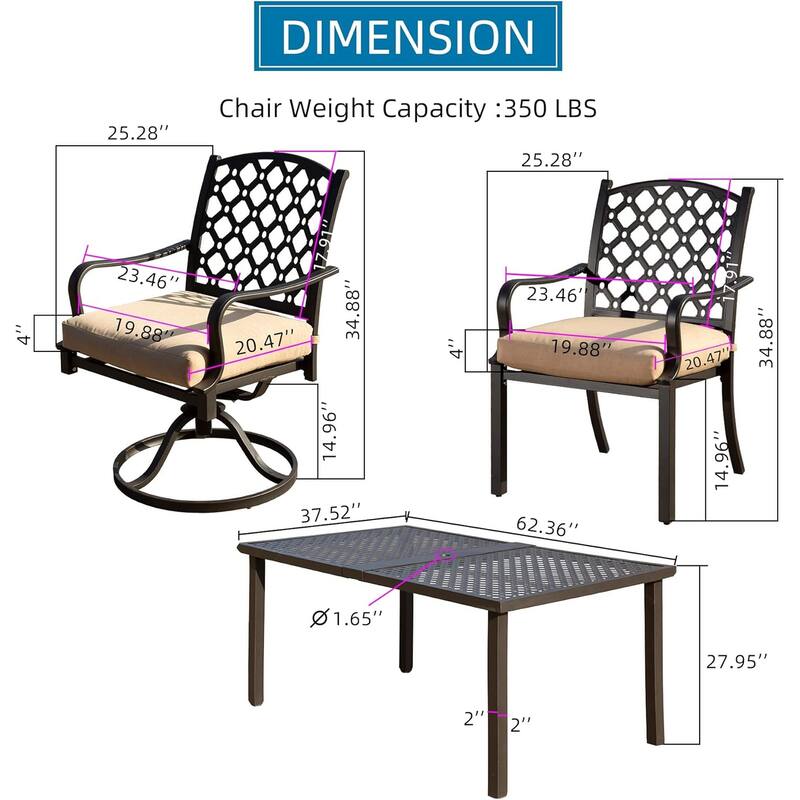 Outdoor 7 pcs Patio Dining Set, Metal Dining Table, Swivel and Dining Chairs Conversation Set with Removable Beige Cushi