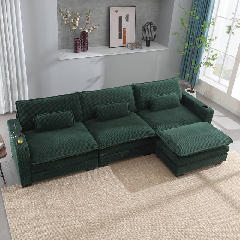 Stripe Corduroy Sofa with USB and Cup Holders, L Shape Chaise with Ottoman and Lumbar Pillows, 3 Seater Convertible Lounge Couch - Green