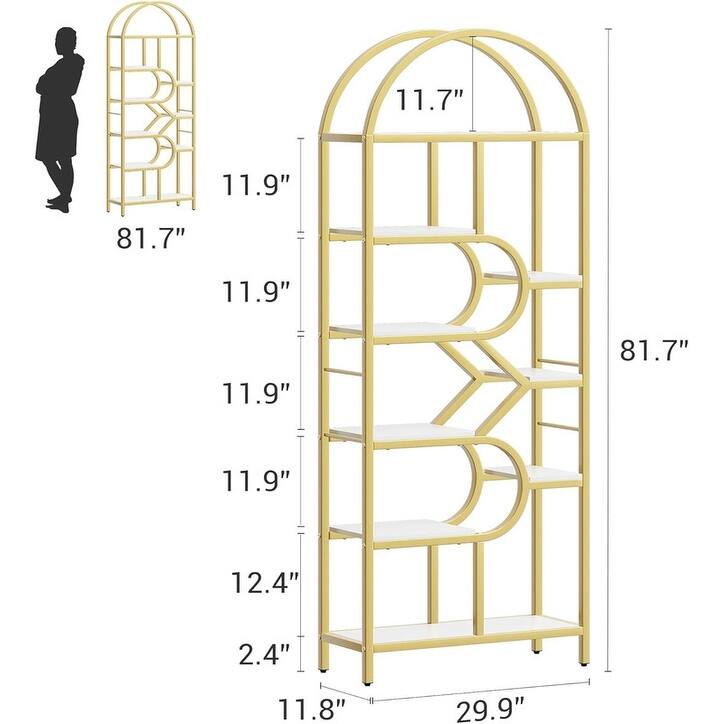 6-Tier Arched Bookshelf, Geometric Freestanding Bookcase and Open Display Storage Rack - Gold