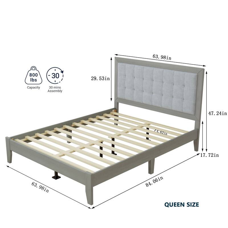Solid Wood Platform Bed Frame with Square Tufted Headboard