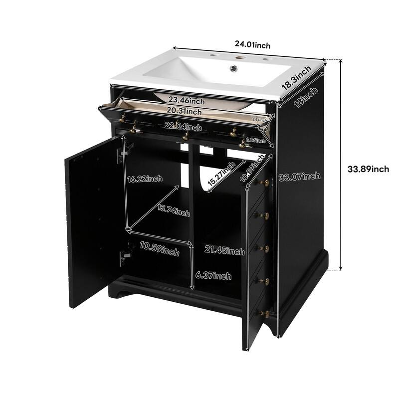 24" Bathroom Vanity with a Drawer & Two Soft-Closing Doors,Ceramic Sink
