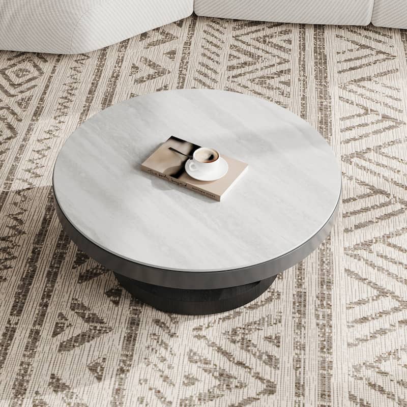 35.43" Modern Round Coffee Table with White Faux Marble Table top, Black Solid Wood Base