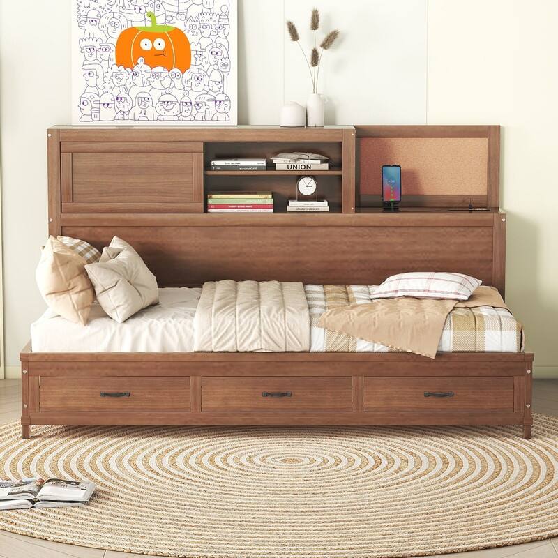 Twin Size Wooden Daybed with 3 Drawers,Shelf,Sockets and USB Ports