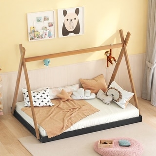 Full Size Tent Kids Bed Frame with Triangle Structure and Safety Rails, Black+Brown