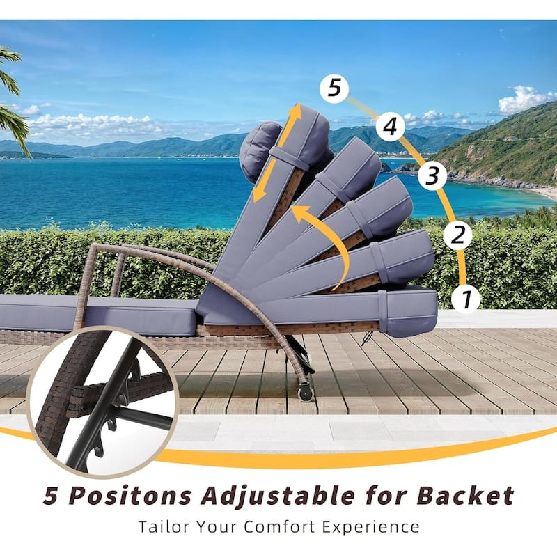 2-Piece Outdoor Rattan Patio Folding Chaise Lounge with Adjustable Backrest for Poolside, Backyard, Deck